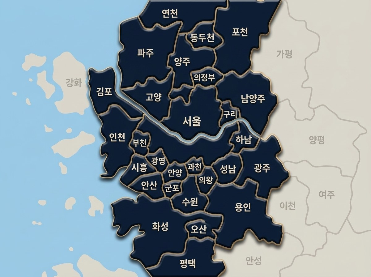 서울·경기·인천 배송 가능 지역 지도 — 진하게 표시된 지역이 배송 가능 지역이며, 흐리게 표시된 강화·가평·양평·여주·이천·안성 등은 상담 후 별도 확인이 필요합니다